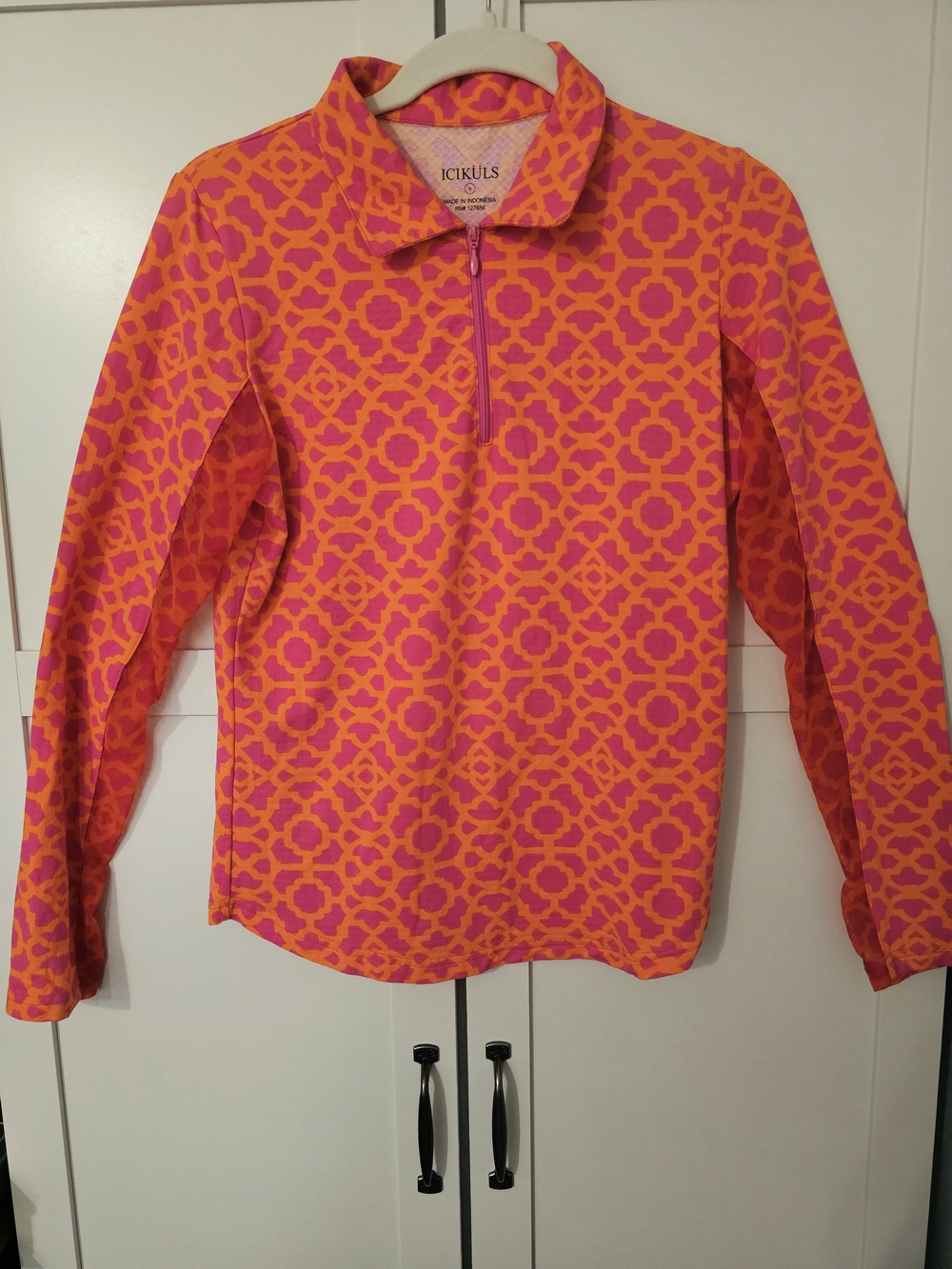 Icikuls IBKUL Long Sleeve Mock Neck Quarter Zip Sun Shirt - Pink & Orange Geomet